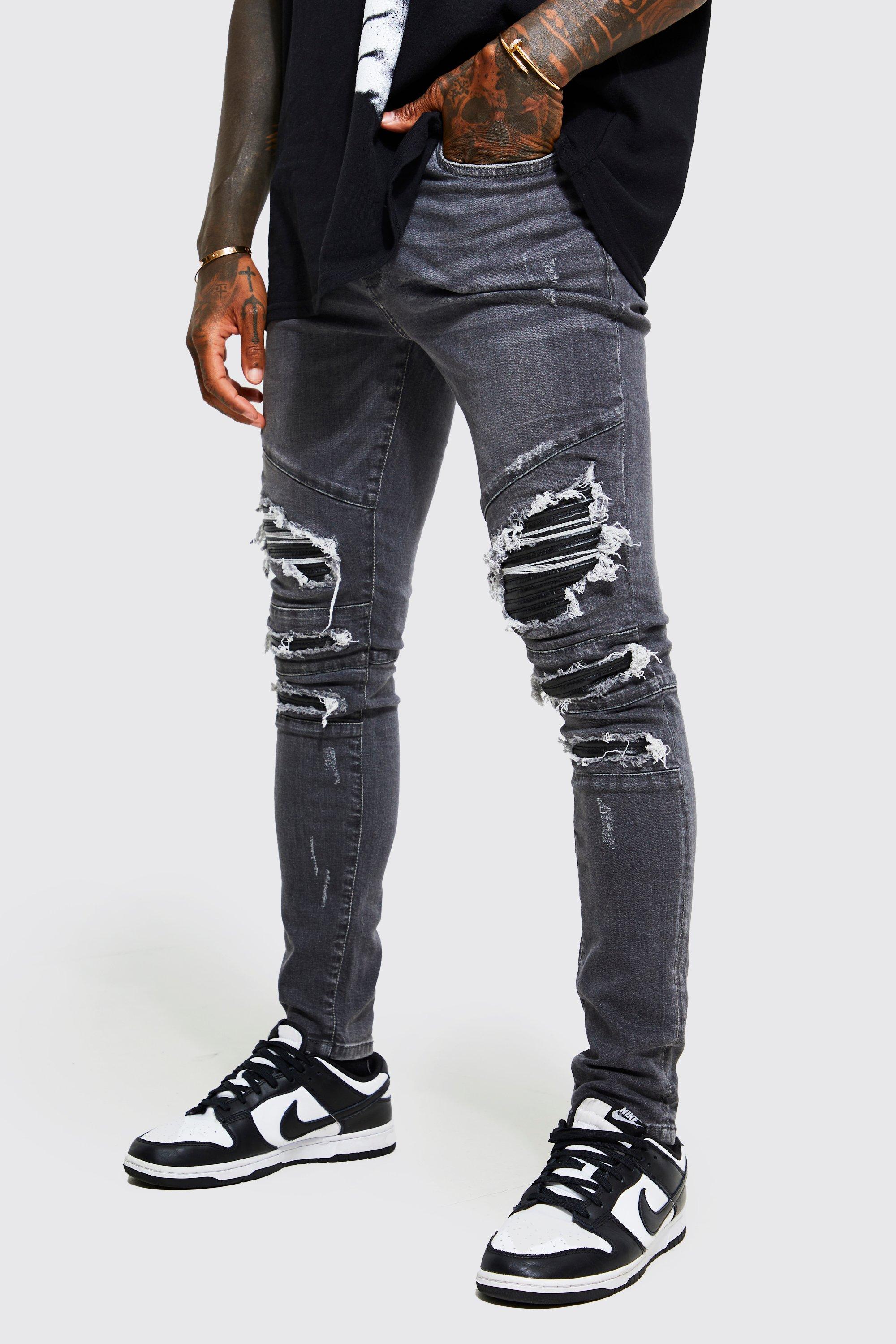 Men's Super Skinny Multi Rip & Repair Biker Jeans | Boohoo UK